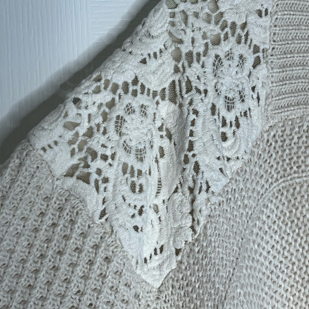 Cream Knit Cardigan with Lace Shoulder Design - Picture 3 of 6
